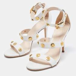 Pre Owned Versace White Leather Studded Medusa Ankle Strap Sandals Size 37