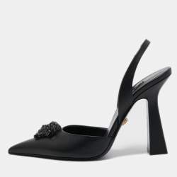 Versace Black Leather La Medusa Pointed Toe Slingback Pumps Size 40
