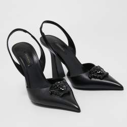 Versace Black Leather La Medusa Pointed Toe Slingback Pumps Size 40