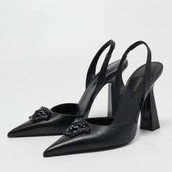 Versace Black Leather La Medusa Pointed Toe Slingback Pumps Size 40
