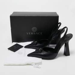 Versace Black Leather La Medusa Pointed Toe Slingback Pumps Size 40