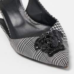 مملوكة مسبقًا Versace Black/White Houndstooth Fabric Palazzo Medusa Slingback Pumps Size 37