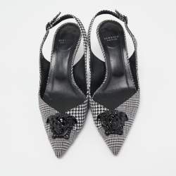 مملوكة مسبقًا Versace Black/White Houndstooth Fabric Palazzo Medusa Slingback Pumps Size 37