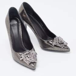 Versace Dark Grey/Black Leather Medusa Pointed Toe Pumps Size 37