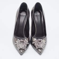 Versace Dark Grey/Black Leather Medusa Pointed Toe Pumps Size 37