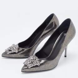 Versace Dark Grey/Black Leather Medusa Pointed Toe Pumps Size 37