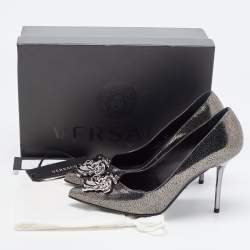 Versace Dark Grey/Black Leather Medusa Pointed Toe Pumps Size 37