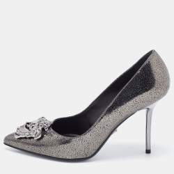 Versace Dark Grey/Black Leather Medusa Pointed Toe Pumps Size 37
