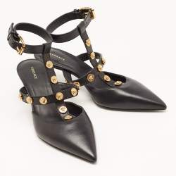 Pre Owned Versace Black Leather Medusa Ankle Strap Pumps Size 36