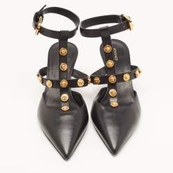 Pre Owned Versace Black Leather Medusa Ankle Strap Pumps Size 36