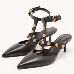 Pre Owned Versace Black Leather Medusa Ankle Strap Pumps Size 36