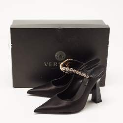 مملوكة مسبقًا Versace Black Satin Crystal Embellished Pointed Toe Mules Size 36 
