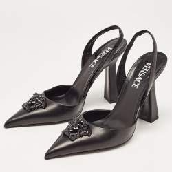Versace Black Leather La Medusa Slingback Pumps Size 37.5