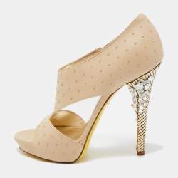 Versace Beige Studded Leather Crystal Embellished Heel Platform Sandals Size 37