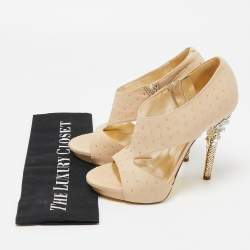 Versace Beige Studded Leather Crystal Embellished Heel Platform Sandals Size 37
