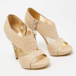 Versace Beige Studded Leather Crystal Embellished Heel Platform Sandals Size 37