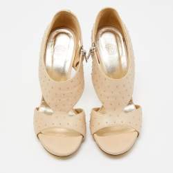 Versace Beige Studded Leather Crystal Embellished Heel Platform Sandals Size 37