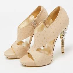 Versace Beige Studded Leather Crystal Embellished Heel Platform Sandals Size 37