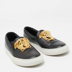 Pre Owned Versace Black Leather Palazzo Medusa Slip-On Sneakers Size  37