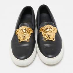 Pre Owned Versace Black Leather Palazzo Medusa Slip-On Sneakers Size  37