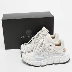 Versace White Leather and Coated Canvas Trigreca Sneakers Size 36