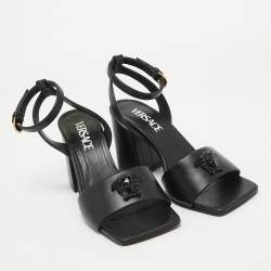 Pre Owned Versace Black Leather Medusa Ankle Strap Sandals Size 36