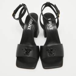 Pre Owned Versace Black Leather Medusa Ankle Strap Sandals Size 36