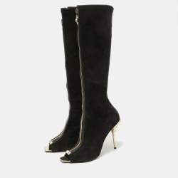Pre Owned Versace Black Suede Open Toe Knee Length Boots Size 41