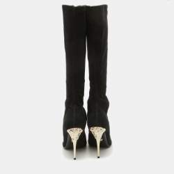 Pre Owned Versace Black Suede Open Toe Knee Length Boots Size 41