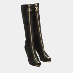 Pre Owned Versace Black Suede Open Toe Knee Length Boots Size 41