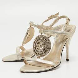 Versace Light Gold Leather Crystal Embellished Ankle Strap Sandals Size 38.5
