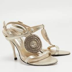 Versace Light Gold Leather Crystal Embellished Ankle Strap Sandals Size 38.5