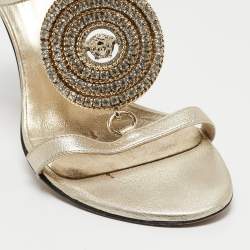 Versace Light Gold Leather Crystal Embellished Ankle Strap Sandals Size 38.5