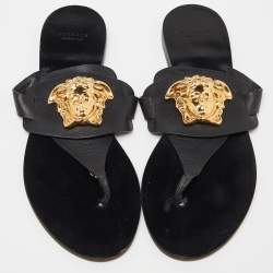 Versace Black Leather Medusa Detail Thong Flats Slides Size 39
