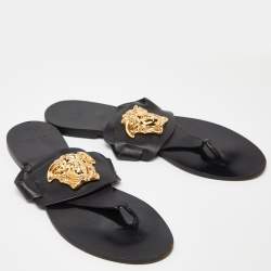 Versace Black Leather Medusa Detail Thong Flats Slides Size 39