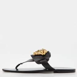 Versace Black Leather Medusa Detail Thong Flats Slides Size 39