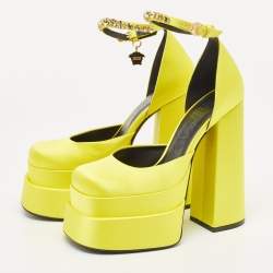 Versace Yellow Satin Medusa Aevitas Platform Ankle Strap Pumps Size 37