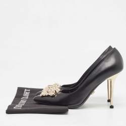 Pre Owned Versace Black Leather Medusa  Pointed Toe Pumps Size 37