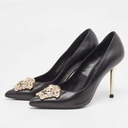 Pre Owned Versace Black Leather Medusa  Pointed Toe Pumps Size 37