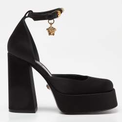 Pre Owned Versace Black Satin Medusa Aevitas Double Platform Pumps Size 37
