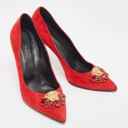Pre Owned Versace Red Suede Crystal Embellished Medusa Pumps Size 39
