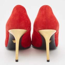 Pre Owned Versace Red Suede Crystal Embellished Medusa Pumps Size 39