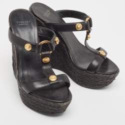 Versace Black Leather Embellished Wedge Sandals Size 37