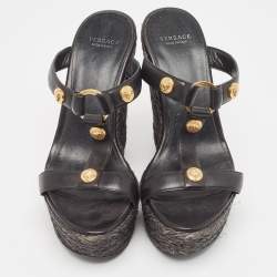 Versace Black Leather Embellished Wedge Sandals Size 37