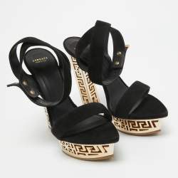 Pre Owned Versace Black Suede Greek Key Platform Sandals Size 40