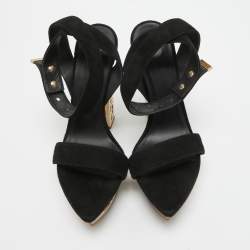 Pre Owned Versace Black Suede Greek Key Platform Sandals Size 40