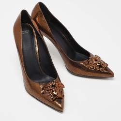 Pre Owned Versace Bronze Leather Medusa Pointed Toe Pumps Size 41