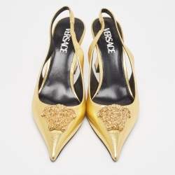 Pre Owned Versace Gold Leather Medusa Slingback Pumps Size 38