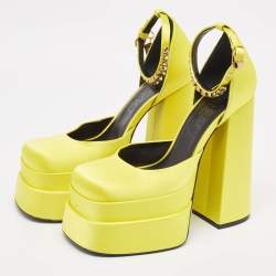 Versace Yellow Satin Medusa  Ankle Strap Pumps Size 40