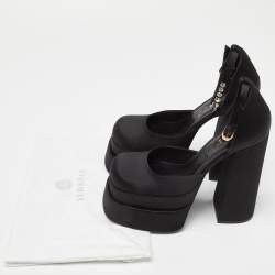 Versace Black Satin La Medusa Crystal Embellished Ankle Strap Block Heel Pumps Size 38.5